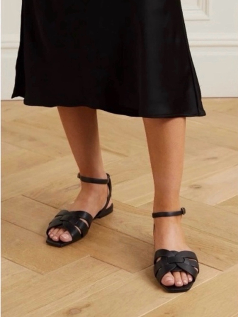Saint Laurent Black Leather Woven Tribute Sandals